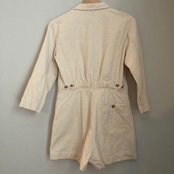 & Other Stories Womens Cotton Linen ¾ Sleeve Button Up Romper Sz 6 Beige Utility - Picture 2 of 10